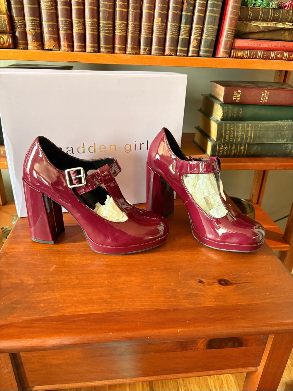 Madden Girl Burgundy Patent Mary Jane Block Heels